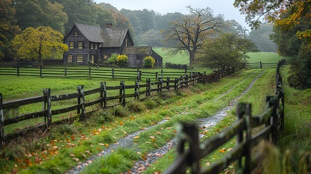 a farm house is in the background and the fence is made of wood