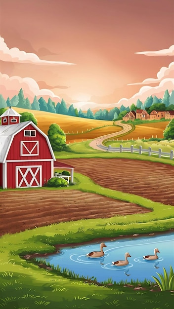 Farm landscape cartoon illustration