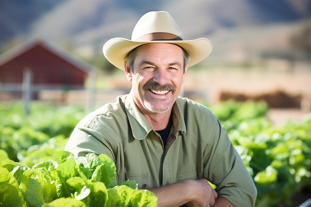 Farm man working in his organic lettuce garden