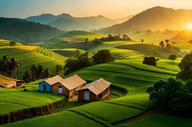 A farm in the mountains with a mountain in the background