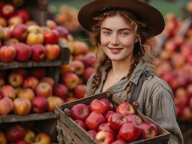 A farm owner is holding a crate of apples in the midst of an orchard full of apples