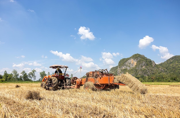 On a farm in Ratchaburi Thailand farmers use agricultural machine to compress and bundle rice straw