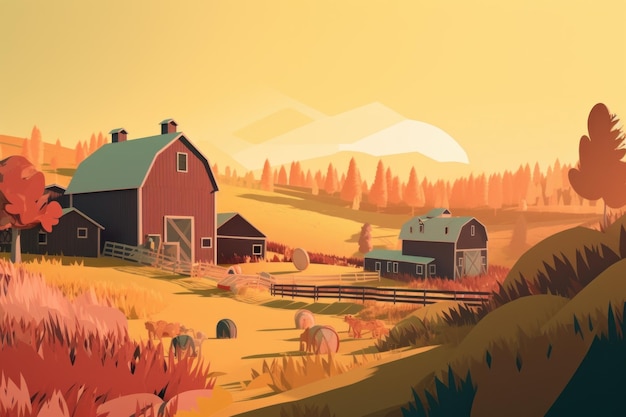 A farm scene with a mountain in the background.