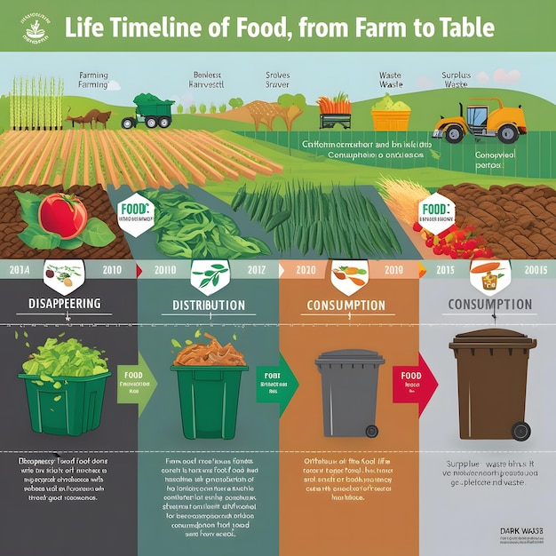 Photo farm to table visualizing the food life cycle and the impact of responsible consumption vs waste