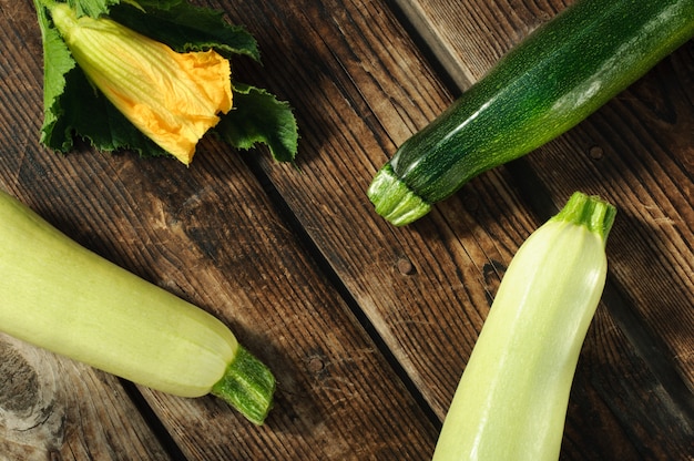 Farm vegetables, zucchini on a wooden table