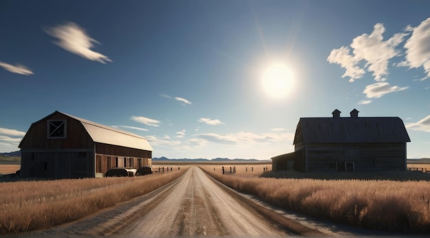 a farm with a barn and a barn in the background