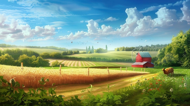 a farm with a barn and a field of wheat