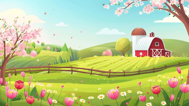 a farm with a barn and flowers on the field