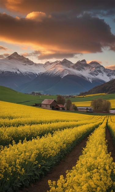 a farm with a barn and mountains in the background