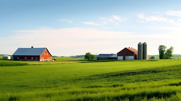 A farm with a blue sky and a barn in the background