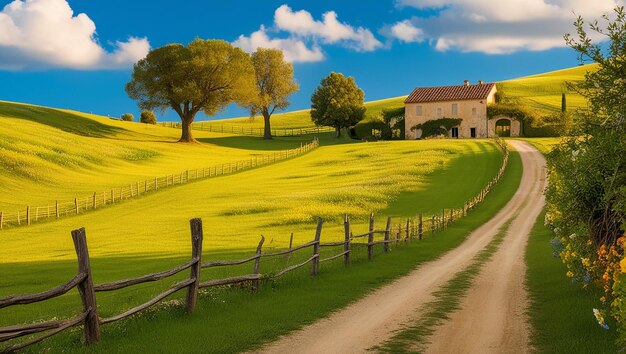 Photo a farm with a country road and a fence with a house on the horizon