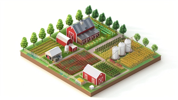 a farm with a farm and a farm with trees and a barn