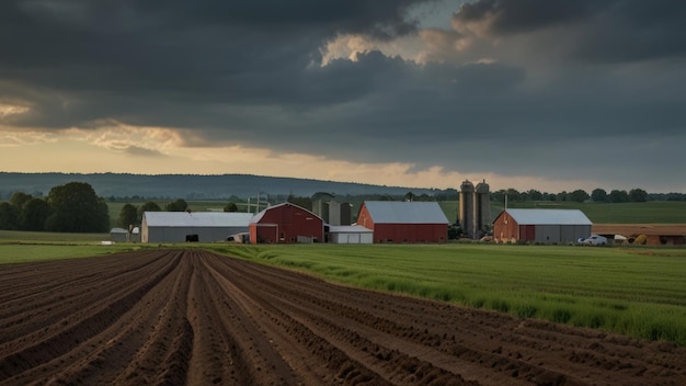 a farm with a field and a barn with a farm in the background