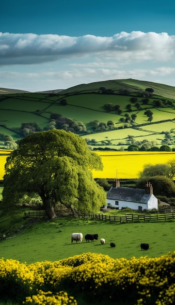 A farm with a field of green and yellow hills in the background