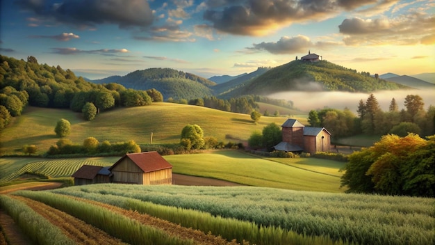 a farm with a house on the hill and a farm in the background