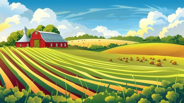 a farm with a red barn and farm fields