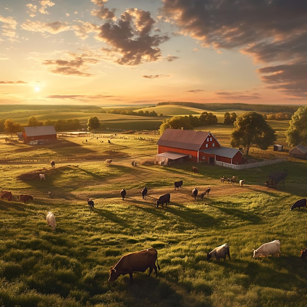 A farm with a red barn and a few cows in the foreground.