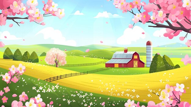 a farm with a red barn and a field of flowers