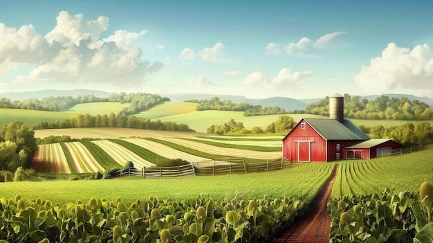 a farm with a red barn and a field of green grass