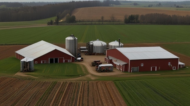 Photo a farm with a red barn and a tractor in the middle of it