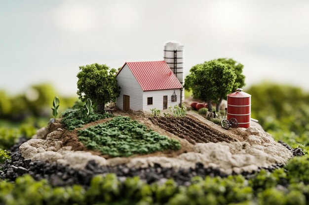 Photo a farm with a red roof and a house on the side of it