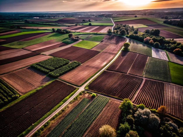 a farm with a road and a field with a sunset in the background