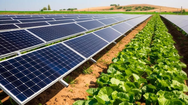 A farm with rows of solar panels in a field.