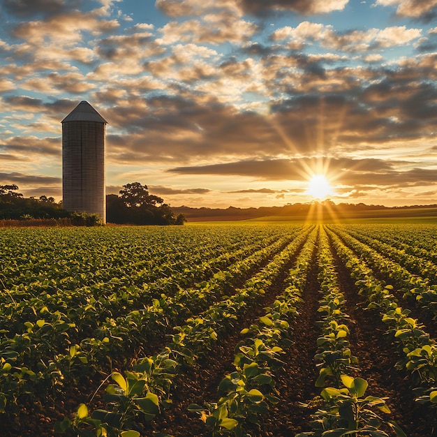 A farm with a silo and a barn in the background