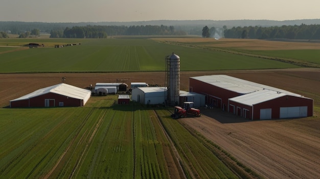 a farm with a tractor and a silo in the background