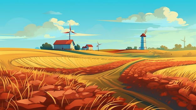 a farm with windmills in the background.