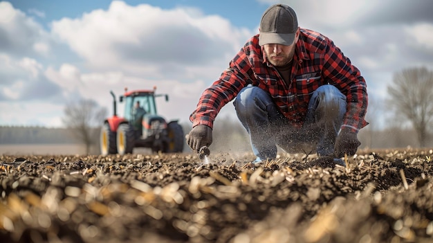 Photo a farmer in an agricultural field a farmer checks his harvest