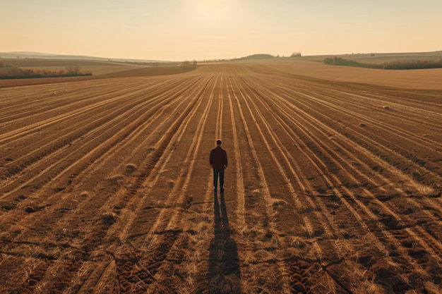 Photo a farmer on an agricultural field standing on farmland against the beautiful evening sunset sun back view