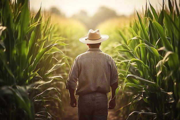 Farmer agronomist standing in green field holding corn leaf in hands and analyzing maize crop