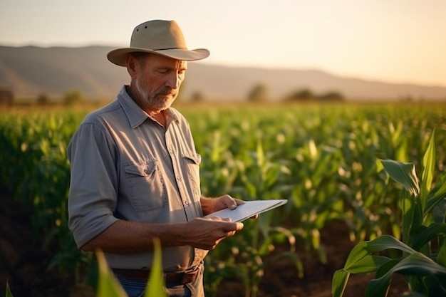 Farmer agronomist standing in green field holding corn leaf in hands and analyzing maize crop