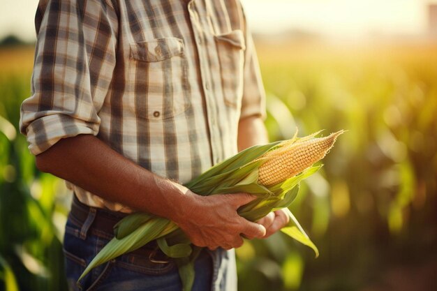 Farmer agronomist standing in green field holding corn leaf in hands and analyzing maize crop