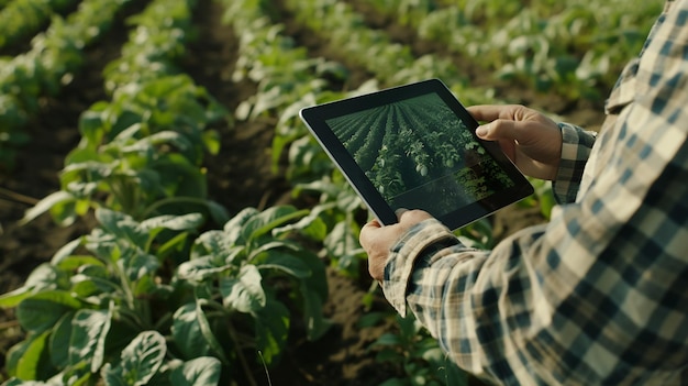 Photo farmer or agronomist uses digital tablet to analyse and check the growth and disease generative ai