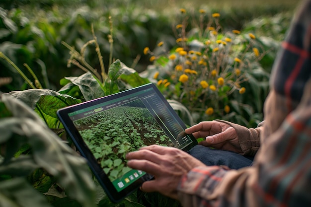 Photo farmer analyzing crop data on digital tablet in field