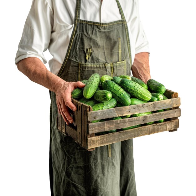 A farmer in an apron holds box with fresh cucumbers on a white or transparent background side view