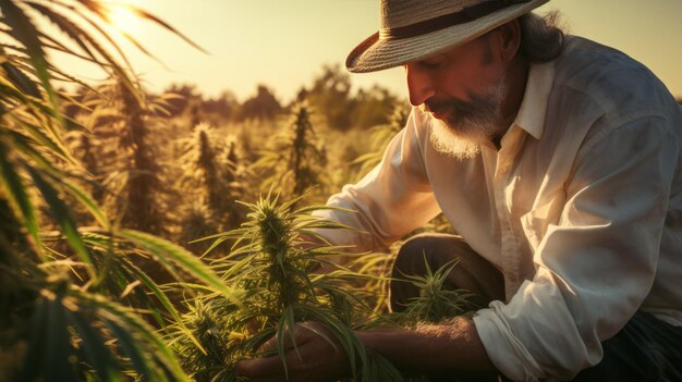 A farmer carefully inspects the freshly harvested hemp field focusing on agricultural duties in a medical marijuana plantation