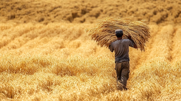 Photo farmer carrying dry wheat after harvesting day