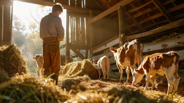 A farmer checking the health of young calves in a barn