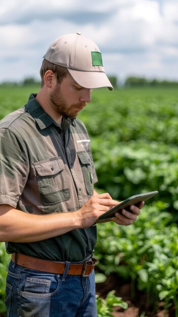 Photo farmer checking weather data on a tablet in a field precision farming tech