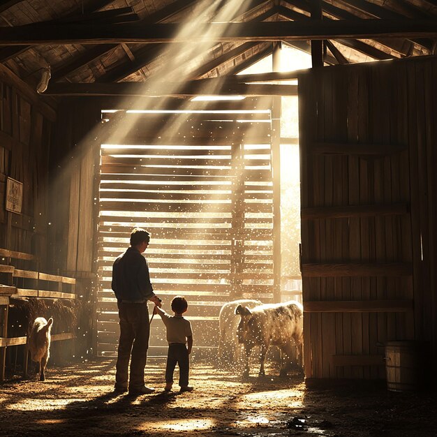 Photo farmer and child inside rustic barn engaged in daily activities