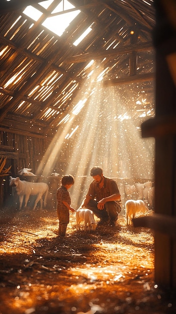 Photo farmer and child inside rustic barn engaged in daily activities