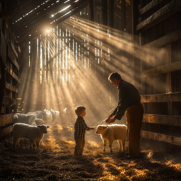 Photo farmer and child inside rustic barn engaged in daily activities