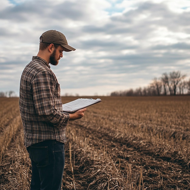 Photo a farmer conducting a field assessment and planning for the upcoming planting season