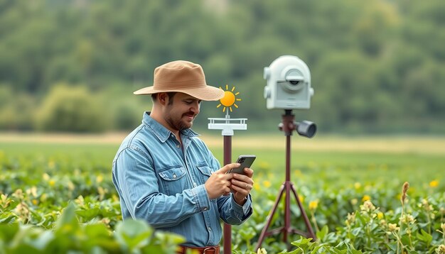 Photo farmer control weather station via mobile app precision and smart farming equipment isolated with