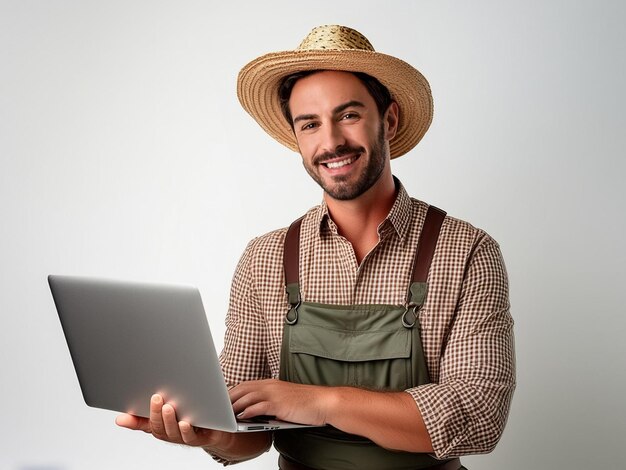 Farmer digitally working on a laptop