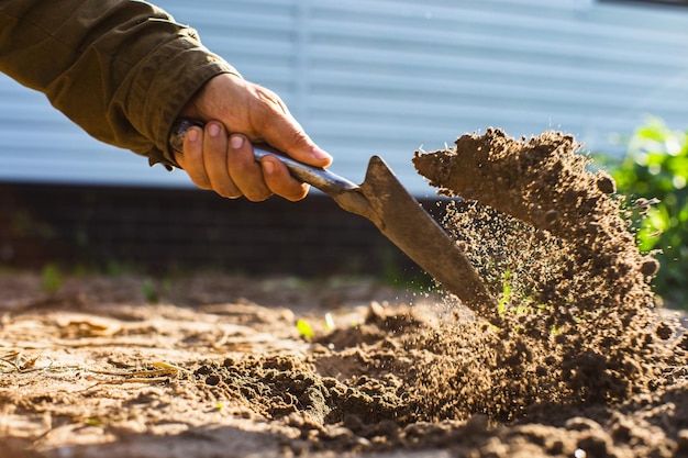 The farmer digs the soil in the vegetable garden Preparing the soil for planting vegetables Gardening concept Agricultural work on the plantation