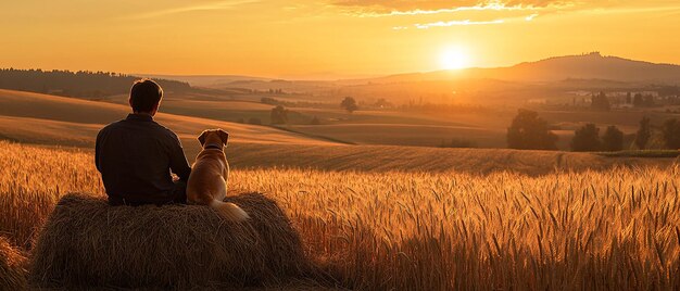 Photo farmer and dog sitting together on a bale of hay